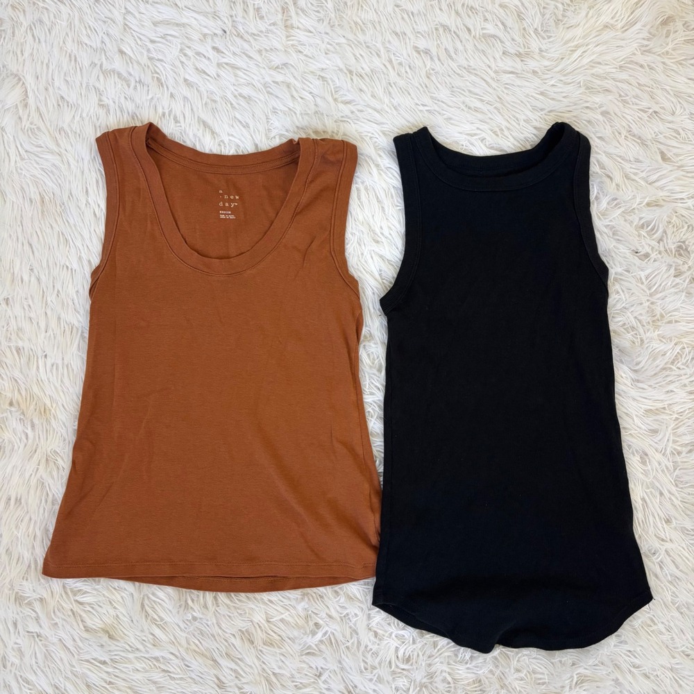 Bundle of (2) A New Day Women's Tank Tops Brown Medium Black Small Ribbed Basics